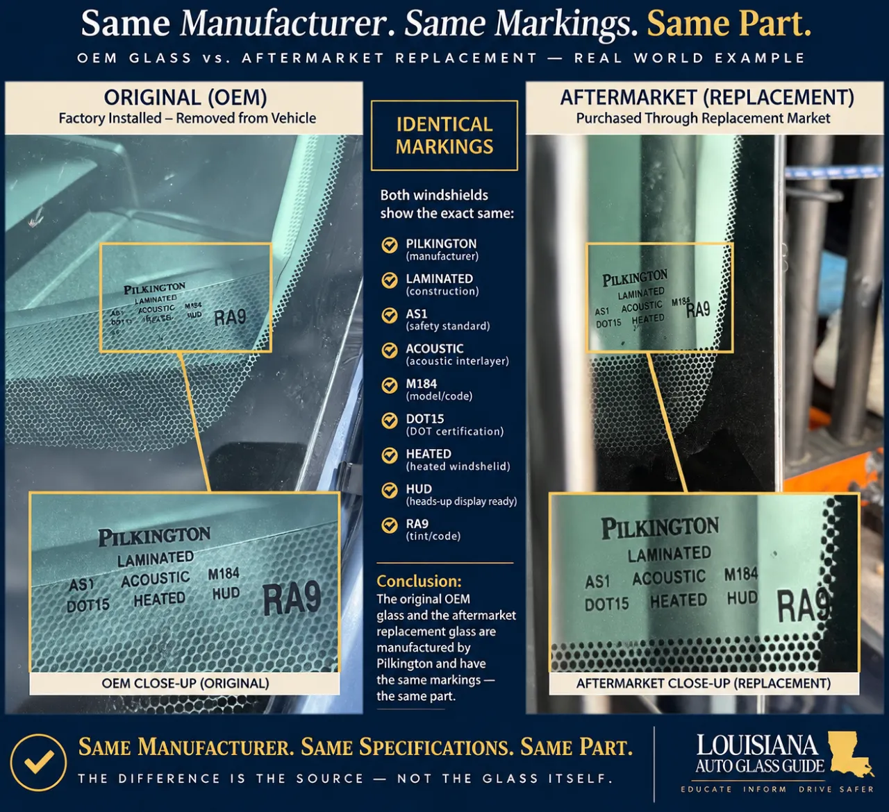 Side-by-side documentation comparing original factory-installed Pilkington windshield markings with a replacement-market Pilkington windshield.