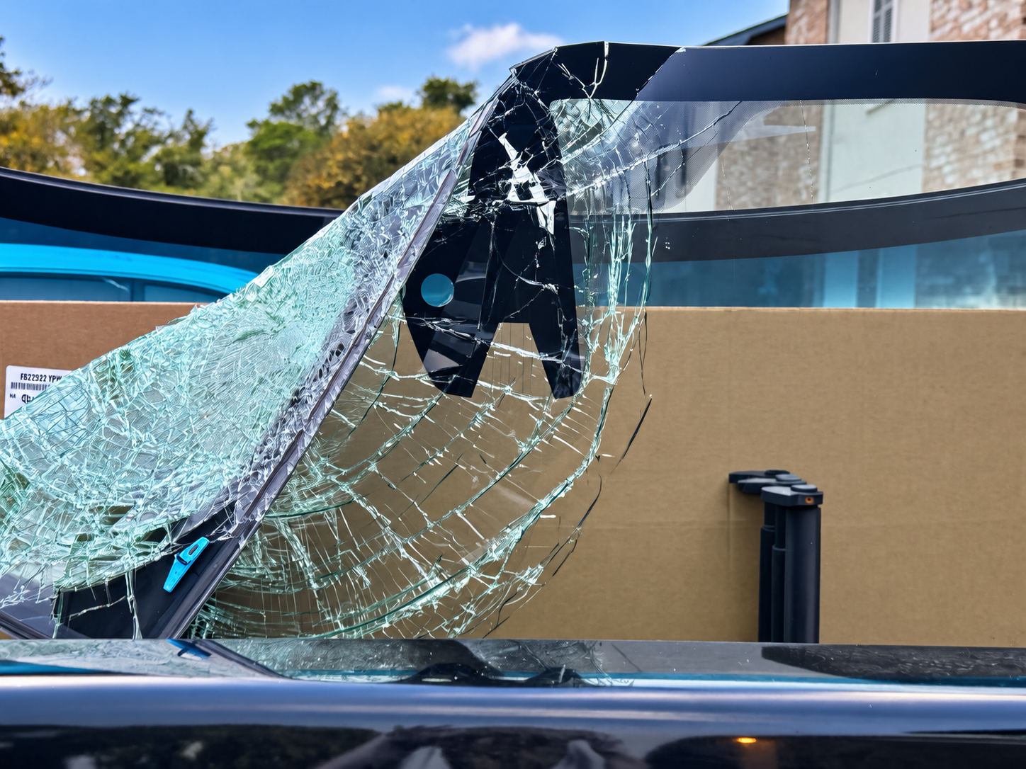 Shattered removed windshield prepared for replacement.